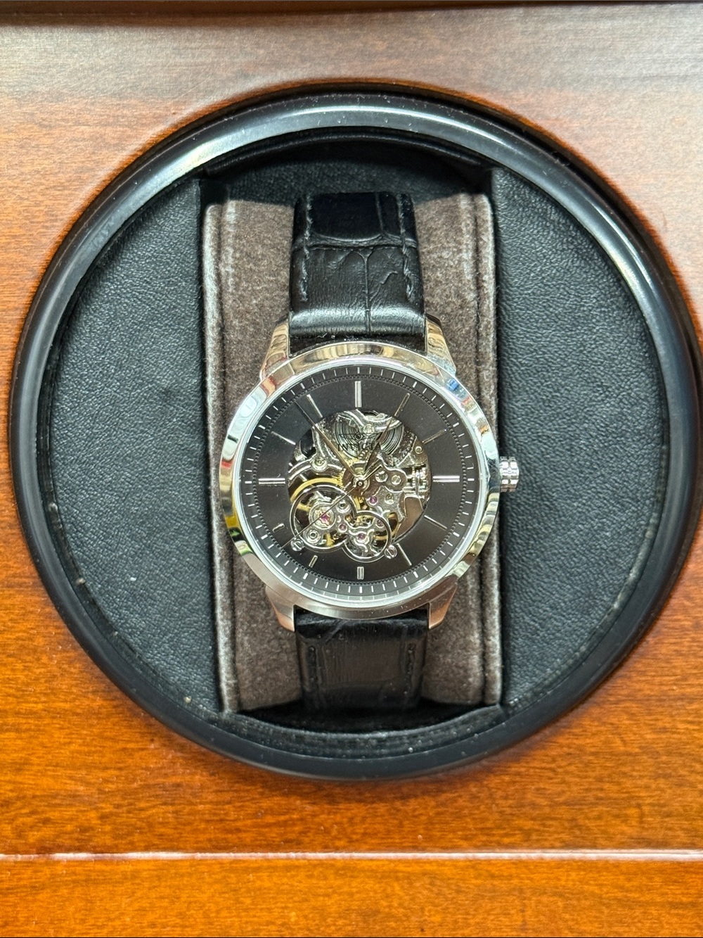 Invicta Black Dial Skeleton Mechanical Watch with Black Leather Strap